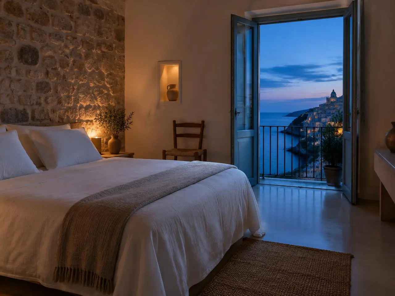 Camera di una casa vacanza italiana pronta per gli ospiti, con balcone sul mare all'ora blu
